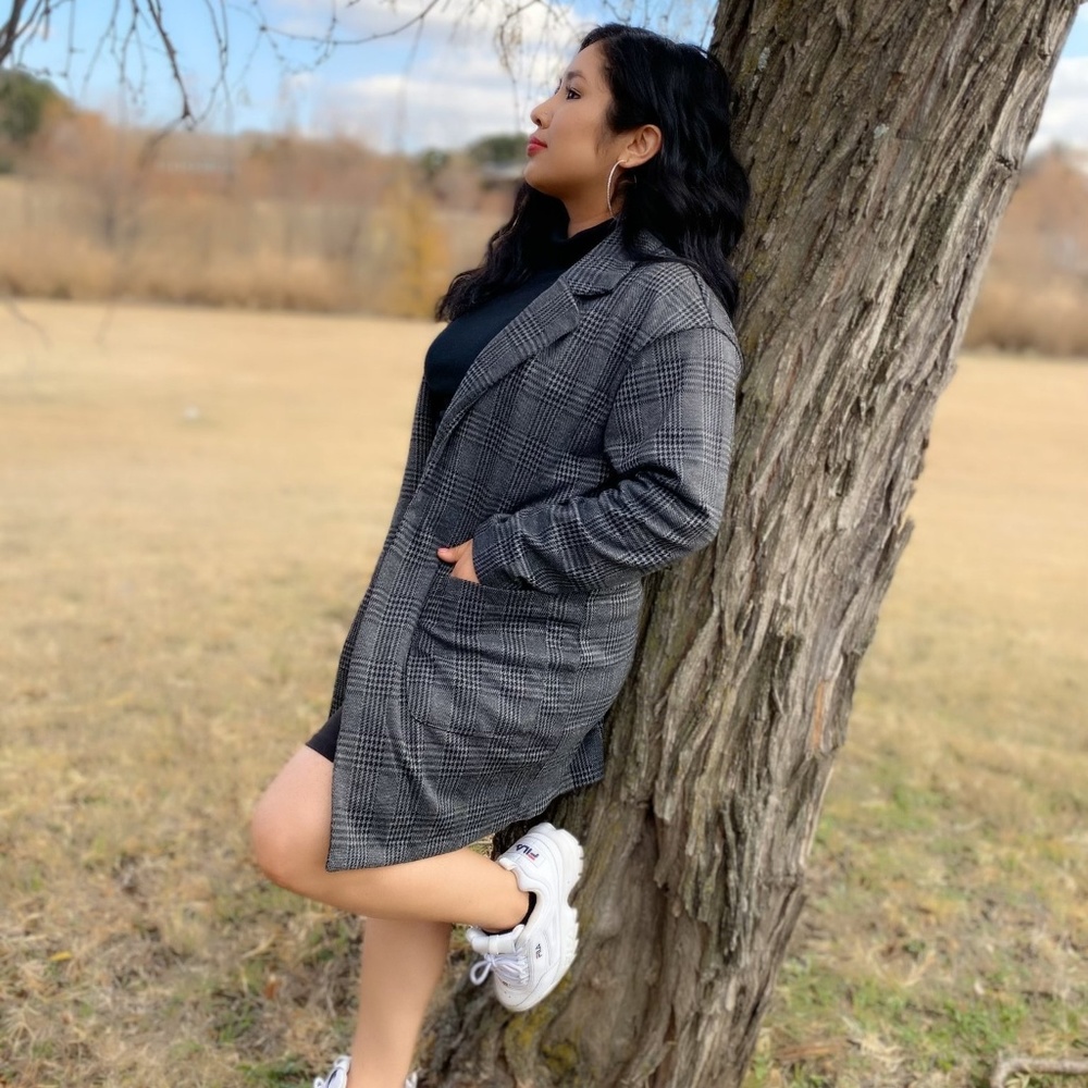 Long Sleeves Check Pattern Blazer - Picture 2 of 4